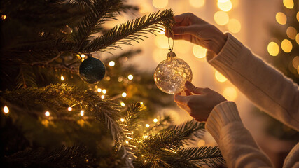 Woman decorating Christmas tree with glowing glass 