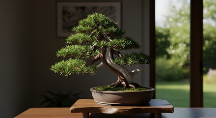 Artistic miniature bonsai tree with lush green foliage.
