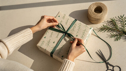 Generated image: Wrapping eco-friendly Christmas gift with green ribbon

