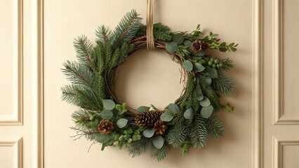 Christmas wreath with pine branches and red berries on wall
