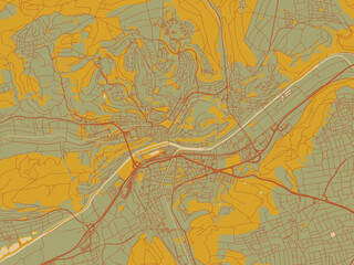 Vector-style flat map of Tubingen, Germany with muted sage base, rust-colored roads, and soft ochre highlights.