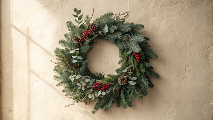 Christmas wreath with pine branches and red berries on wall
