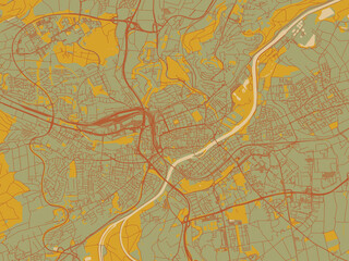 Obraz premium Abstract flat-design map of Ulm, Germany, featuring olive backdrop with warm rust street network and ochre blocks.