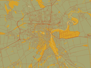 Abstract flat-design map of Weimar, Germany, featuring olive backdrop with warm rust street network and ochre blocks.