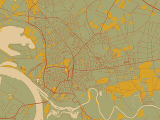 Fototapeta premium Abstract flat-design map of Wesel, Germany, featuring olive backdrop with warm rust street network and ochre blocks.