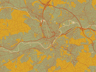 Abstract flat-design map of Wetzlar, Germany, featuring muted sage base, rust-colored roads, and soft ochre highlights.