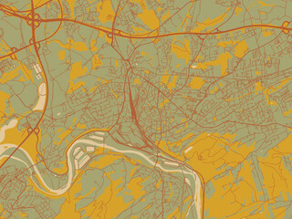 Minimalist flat city map of Witten, Germany with sage green ground with rust-red roads and ochre accents.