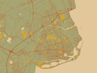 Abstract flat-design map of Wilhelmshaven, Germany, featuring sage/olive tone field with rust networks and ochre shapes, cream water.
