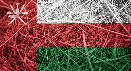 Oman Flag Texture Close-up With Red, White, and Green Stripes and National Emblem Overlayed