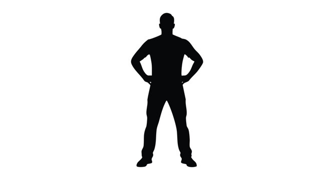 Silhouette of a confident man standing with hands on hips against a white background