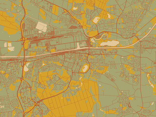 Stylized minimalist map of Wolfsburg, Germany in olive backdrop with warm rust street network and ochre blocks.