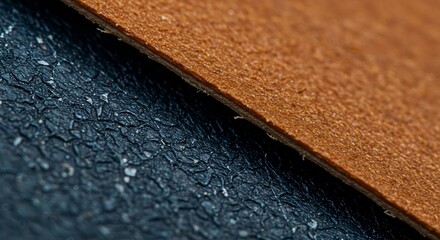 a close up shot shows the texture of brown leather meeting a dark textured material at the edge of the frame