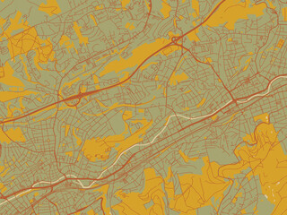 Vector-style flat map of Wuppertal, Germany with sage/olive tone field with rust networks and ochre shapes, cream water.