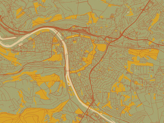 Obraz premium Poster-ready flat map of Wurzburg, Germany, olive backdrop with warm rust street network and ochre blocks.
