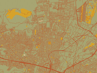 Contemporary flat map of GRE, Acharnes design with sage/olive tone field with rust networks and ochre shapes, cream water.