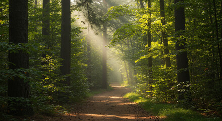 Obraz premium Sunlight filters through the trees in a lush green forest path scene