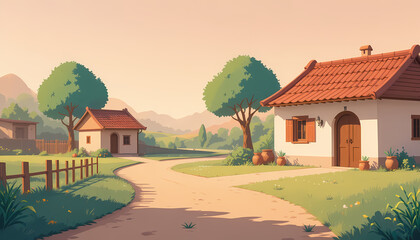 Neat Indian Village Cartoon Background with Tiled House and Winding Road. Minimal 2D Countryside Scene
