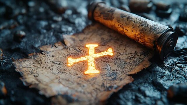 Ancient Treasure Map with Glowing Cross Symbol on Dark Ground.