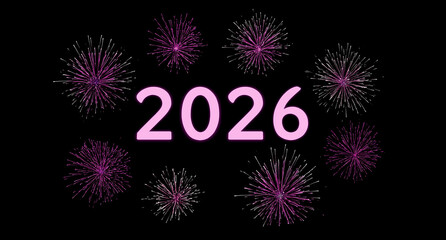 the text "2026" is written in purple neon light, a fireworks on black background