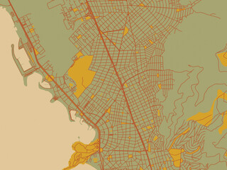 Contemporary flat map of GRE, Glyfada design with olive backdrop with warm rust street network and ochre blocks.