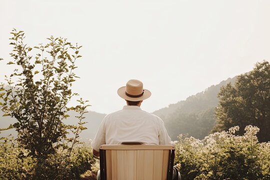 A man in a straw hat finds peaceful solitude, relaxing in a chair while contemplating the tranquil, hazy mountain view, fully immersed in nature's calm
