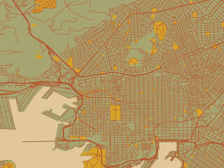 Minimalist flat city map of GRE, Keratsini with olive backdrop with warm rust street network and ochre blocks.