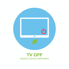 Vector 2D flat icon of television with power button, red OFF indicator, energy saving reminder