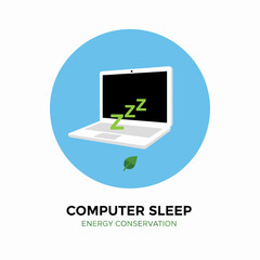 Vector 2D flat icon of a laptop in sleep mode, green energy conservation theme