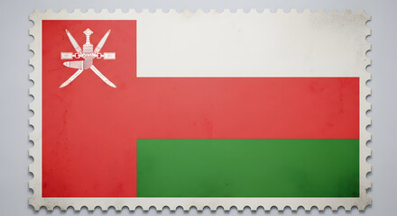 Stamp Featuring the National Flag of Oman with its Distinctive Emblem and Serrated Edges