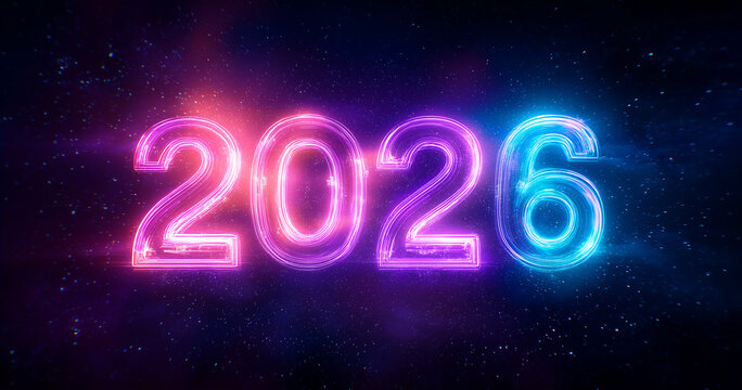 the text "2026" glowing in neon blue, purple, and pink on a dark background with small white particles floating around it. the numbers glow like the night sky