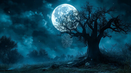 Naklejka premium Spider Web on Old Tree at Night with Full Moon — Haunted Spooky Halloween Background