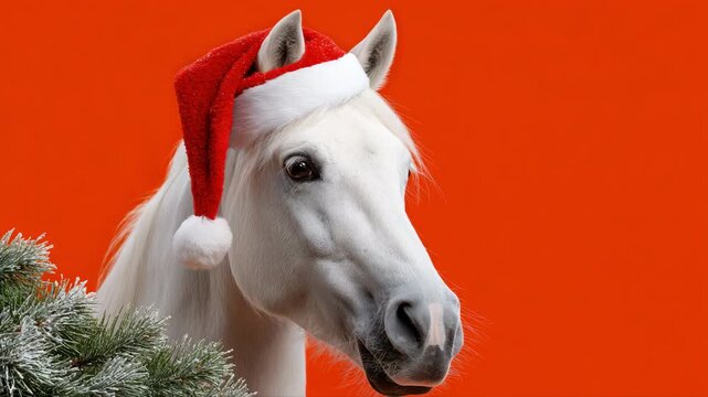 Festive white horse wearing santa hat with evergreen branches on bright red background