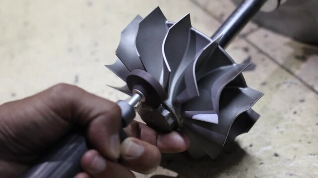 Close-up of a worker's hand using a bor tuner or borcun to perform a correction or balance adjustment on the metal blades of a turbocharger compressor wheel.