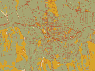 Minimalist flat city map of Kaposvar, Hungary with sage green ground with rust-red roads and ochre accents.