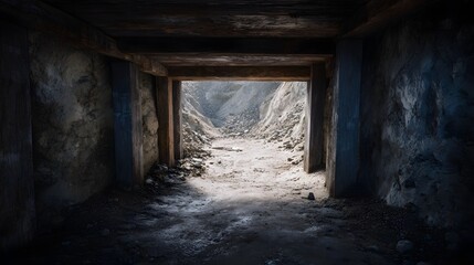 Fototapeta premium Dark mine tunnel entrance leading to a sunlit excavated rocky landscape
