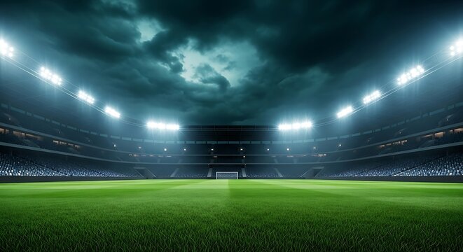 A dramatic wide shot of a brightly lit football stadium at night, with a perfectly manicured green field under a stormy, cloudy sky, evoking a sense of anticipation and the thrill of the game