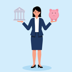 Illustration of a businesswoman balancing a bank building and a piggy bank, symbolizing financial choice between traditional banking and saving.