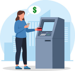 Illustration of a woman using a mobile phone and a credit card at an ATM, symbolizing modern digital banking and cash withdrawal.