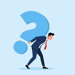 Illustration of a businessman carrying a large question mark on his back, symbolizing a huge problem, burden, or difficult question.