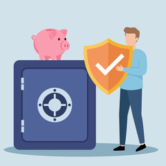Illustration of a man holding a shield in front of a safe with a piggy bank, symbolizing financial security, saving money, and investment protection.