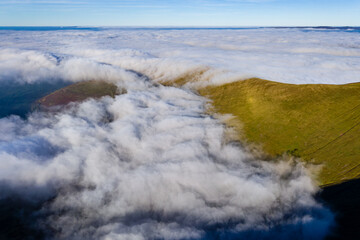 Aerial drone view of a stunning temperature inversion in the Brecon Beacons, Wales.