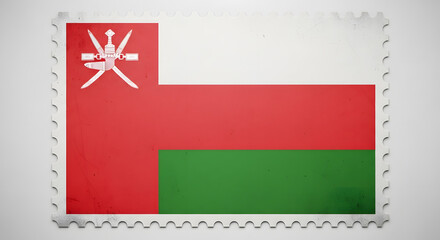 Stamp featuring the national flag of Oman, showcasing its distinct red, white, and green colors and emblem.