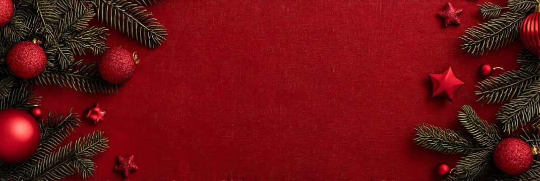 Festive christmas fir branches with red baubles and ornaments framing a sparkling red sequin background for holiday celebrations