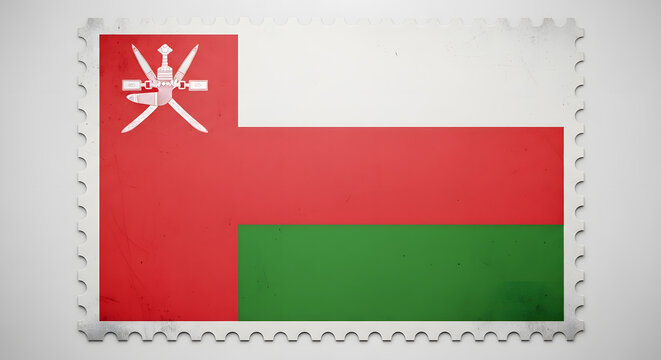 Stamp featuring the national flag of Oman, showcasing its distinct red, white, and green colors and emblem. - Powered by Adobe