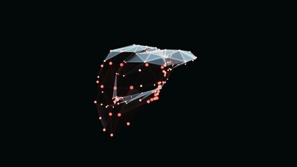 3d render of a vibrant, low-poly liver over dark background. Liver wireframe made of light points. 3d illustration