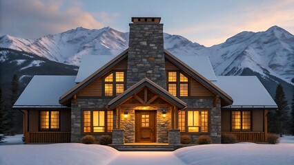 Cozy cabin in the mountains with snow and warm light at dusk