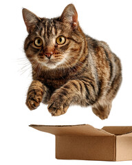 Jumping tabby cat mid air, leaping into cardboard box, showcasing playful energy and curiosity. cat fur pattern and expressive eyes capture moment of excitement and agility