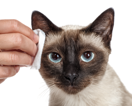 Siamese cat is being gently cleaned with soft cloth by human hand, showcasing its striking blue eyes and unique fur pattern. interaction highlights bond between pets and their owners