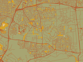Abstract flat-design map of Kiryat Ono, Israel, featuring olive backdrop with warm rust street network and ochre blocks.