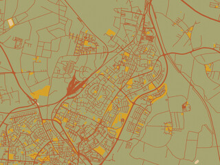 Contemporary flat map of Lod, Israel design with earthy sage background with rust roadways and ochre details.